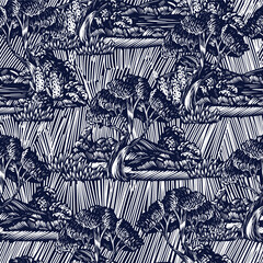 Seamless pattern with graphic trees, bushes and plants. .Etching style print.