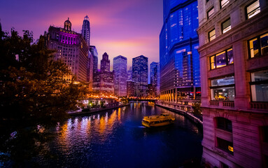 Fototapeta na wymiar Chicago downtown and Chicago River at night, USA