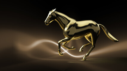 Gold glossy horse sculpture running pose on dark gold light lines background. Glossy gold horse in running motion pose on black background.Business Strategy planning and leadership Concept.  3D render