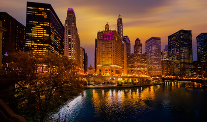 Chicago downtown and Chicago River at night, USA