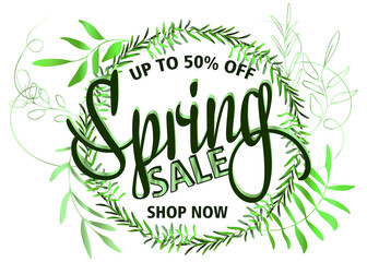Floral spring design with hand drawn leaves and branches. Round shape with space for your text. Banner or flyer sale template. Colorful illustration with plants, ribbons and paint splashes.