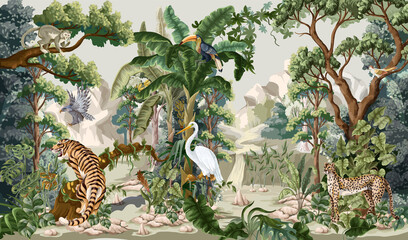 Fototapety  Jungle landscape with animals. Interior vector print.