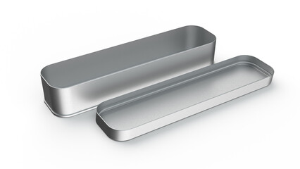 3D rendering of a rectangle blank silver box for pencil or stationery isolated on a white background