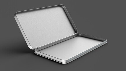 3D rendering of a rectangle blank silver box for pencil or stationery isolated on a dark background