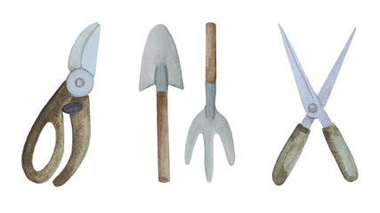 A watercolor set of Gardening tools, a set of pruners and scissors for pruning plants