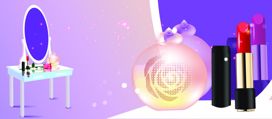 Fashionable cosmetics on the dressing table with a mirror. lipstick. blush, perfume.