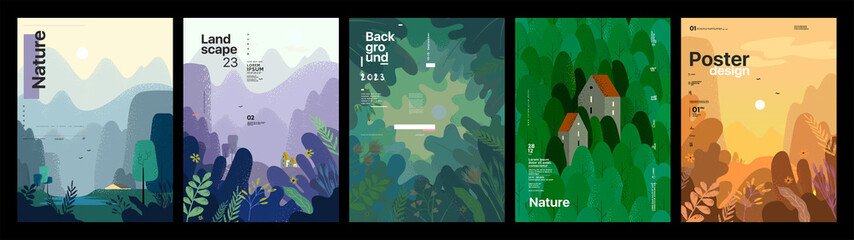 Fototapeta Nature and landscape. Set of vector illustrations. Pictures for posters, postcards or covers. obraz