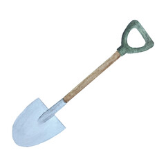 Garden tools, shovel, shovel for gardening, soil, watercolor illustration
