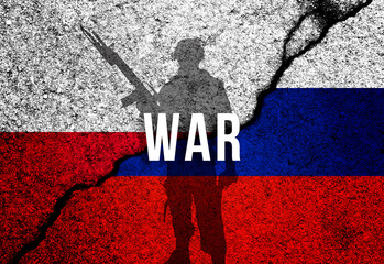Poland and Russia conflict, war and invade concept. Armed men silhouette. Flags painted on concrete wall background photo