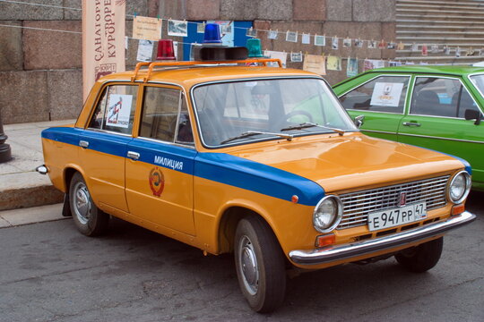 Saint Petersburg, Russia - August 25, 2018: Parade of old cars to the 40th anniversary of the newspaper Arguments and facts . Police VAZ 21011. Side view-front.