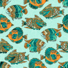 Naklejka premium Coral teal shoal of fish linen wash nautical background. Summer coastal style fabric swatches. Under the sea life tropical fishes material. 2 tone green reef dyed textile seamless pattern.