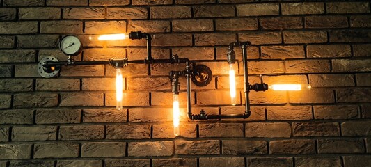 Electrical installation on the wall.Vintage style.Pipe electrical installation with ecological bulbs and clock.