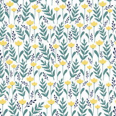 Seamless floral spring pattern. Yellow flowers and green leaves on a white background. Vector print for fabric