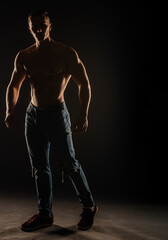 Fototapeta na wymiar Posing topless in studio while standing, silhouette