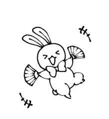ゆるかわいいデフォルメうさぎの線画イラスト　扇子踊り