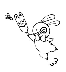 ゆるかわいいデフォルメうさぎの線画イラスト　羽根付き　正月の遊び