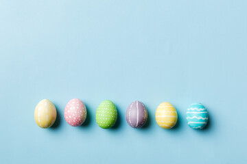 holiday preparation Multi colors Easter eggs on colored background . Pastel color Easter eggs. holiday concept with copy space