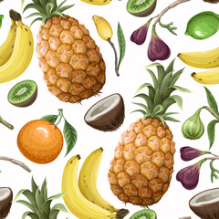 Seamless pattern with pineapples, bananas, figs and tropical leaves. Vector.