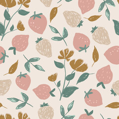 Strawberry floral seamless pattern, digital repeating background for fabric, textile, scrapbook paper, stationery, surface design. Hand drawn vector illustration
