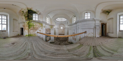 spherical seamless hdri 360 panorama view inside of empty concrete structures of abandoned ruined building of church with white walls with dampness and black-green mold in equirectangular projection