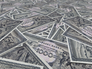 Closeup shot of a heap of rare yugoslavian dinar banknotes - obrazy, fototapety, plakaty