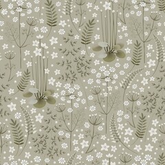 Delicate floral seamless pattern on a pale green background. Field and forest plants. Fern, water lily, wild pea. Small pattern. Stock illustration.