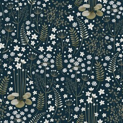 Floral seamless pattern on a dark blue background. Field and forest plants. Fern, water lily, wild pea. Small pattern. Stock illustration.