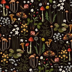 Fairy forest seamless pattern.  Flowers and mushrooms on a black background. Stock illustration.