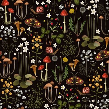 Fairy forest seamless pattern.  Flowers and mushrooms on a black background. Stock illustration.