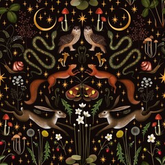 Fairy forest seamless symmetry pattern. Moon, stars, hare, squirrel, owl, flowers and mushrooms on a black background. 