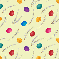 Fototapeta premium Easter eggs and willow twigs vector seamless pattern. Background with decorative eggs for textiles or packaging. Traditional Easter ornament.