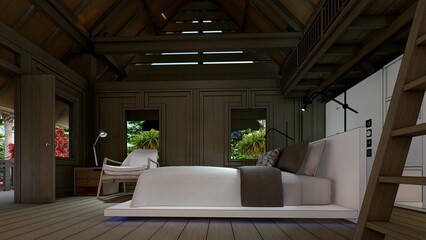 white bed and sofa in the wooden bedroom 3d illustration