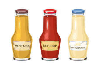 Set of sauces in glass bottles. Vector illustration of mayonnaise, ketchup and mustard in cartoon flat style.