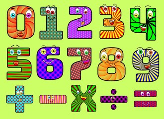 Cute and funny colorful number cartoon characters set, cartoon illustration. One, two, three, four, five, six, seven, eight, nine, zero. Smiling characters, math symbols.