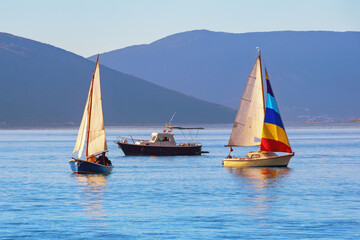 Fototapeta premium Sailing boats on the water. Mediterranean landscape. Montenegro, Bay of Kotor