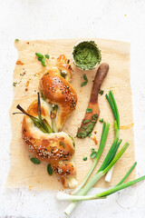 Challah bread with pesto and leek