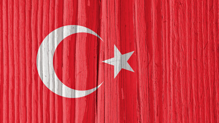 Turkish Flag on a dry wooden surface. Natural wallpaper or background made of old wood. The...