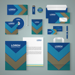 Dark blue stationery template design with yellow, green and blue lines.Set of business corporate identity mock up. Documentation for business.
