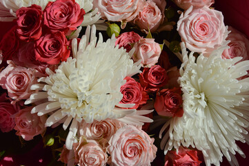 bouquet of flowers, roses, chrysanthemums. background for holidays, valentine's day, birthday, mother's day, March 8.