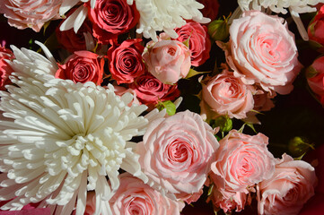 Obraz na płótnie Canvas bouquet of flowers, roses, chrysanthemums. background for holidays, valentine's day, birthday, mother's day, March 8.