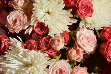 bouquet of flowers, roses, chrysanthemums. background for holidays, valentine's day, birthday, mother's day, March 8.