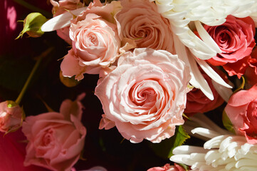 bouquet of flowers, roses, chrysanthemums. background for holidays, valentine's day, birthday, mother's day, March 8.