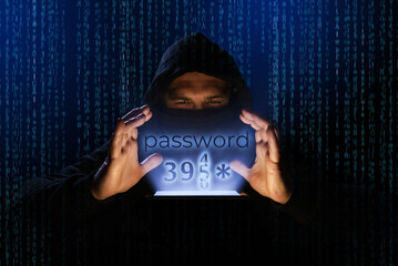 Cyber thief decoding the password of a mobile phone to steal confidential data. Phishing alarm....