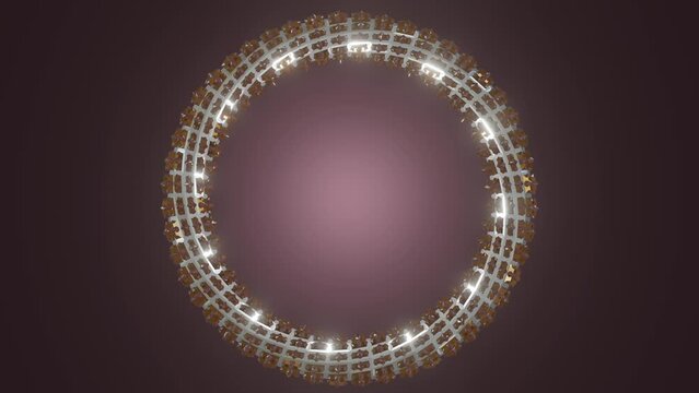 elegant silver round frame with rubies on a dark purple background, creating reflections in the middle of the frame of variable intensity lighting