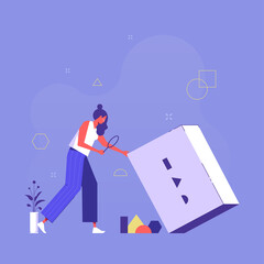 Finding idea, answer and solution in labyrinth, challenge and problem solving concept, businesswoman finding geometry to complete the puzzle game