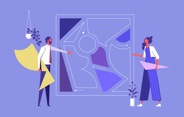 Coworking and business partnership concept, Business metaphor. people assembling a puzzle elements or jigsaw pieces