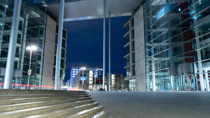 Beautiful view of glass modern buildings from a street in Stuttgart, Germany