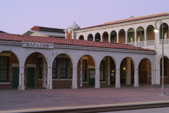 Harvey House in Barstow, California, shown taken at dusk.