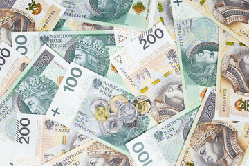 Zloty - Polish banknote. Polish currency on a white background arranged in a pattern. Illustrates cash flow and business