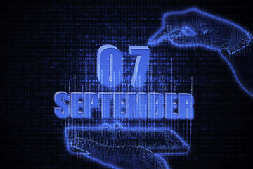 September 7th. A hand holding a phone with a calendar date on a futuristic neon blue background. Day 7 of month.